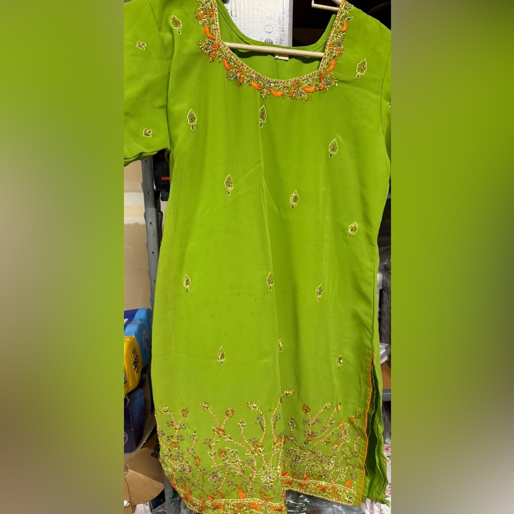 Vibrant Green and Orange Salwar Suit